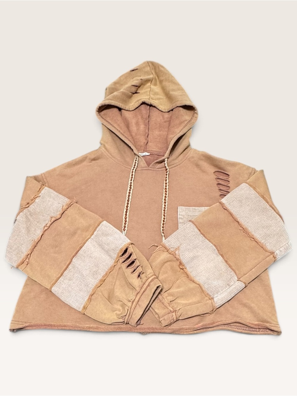 POL Clothing Distressed Patchwork Hoodie Orange Boho Raw Edge Size M